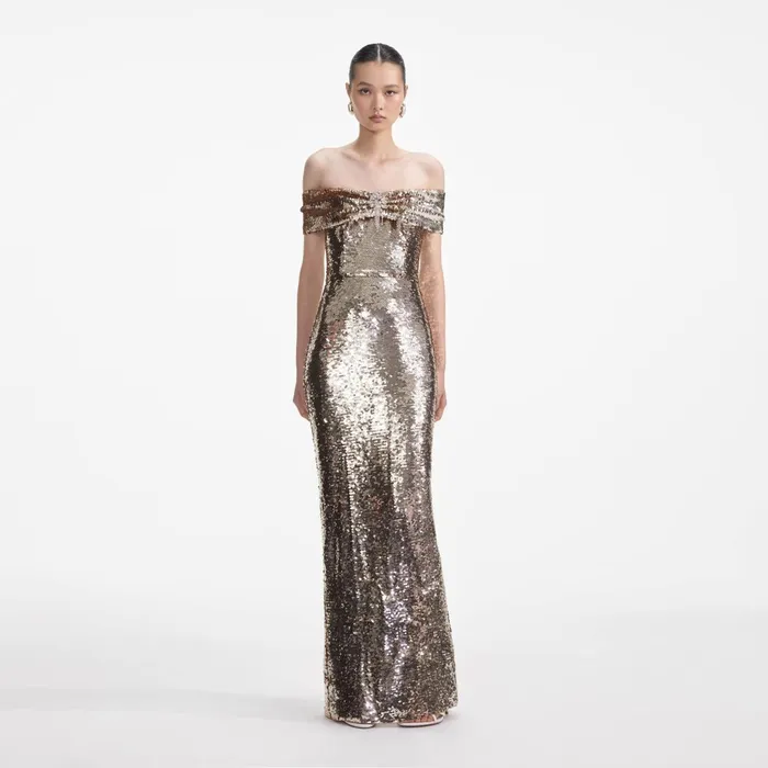 Self Portrait Dresses Women Gold Sequin Maxi Dress