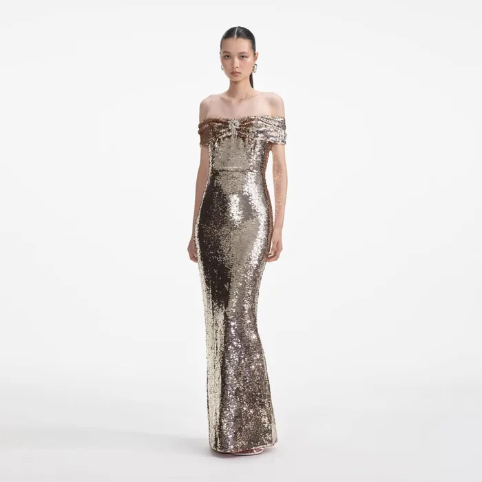 Self Portrait Dresses Women Gold Sequin Maxi Dress