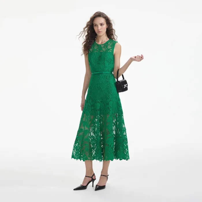 Self Portrait Dresses Women Green Lace Sleeveless Midi Dress