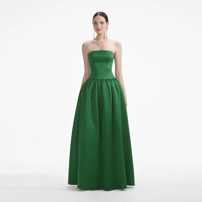 Self Portrait Dresses Women Green Satin Bandeau Maxi Dress