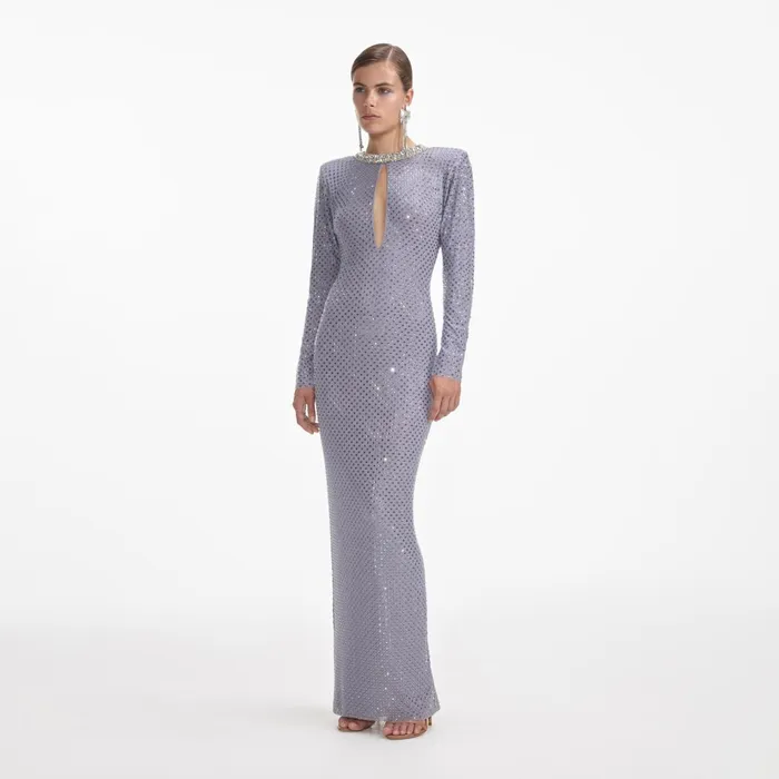 Self Portrait Dresses Women Grey Rhinestone Fishnet Maxi Dress