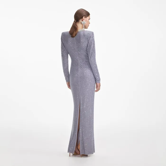 Self Portrait Dresses Women Grey Rhinestone Fishnet Maxi Dress