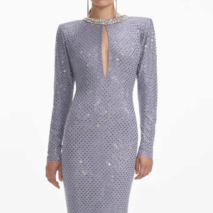 Self Portrait Dresses Women Grey Rhinestone Fishnet Maxi Dress