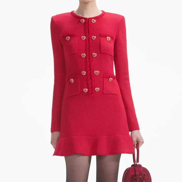 Self Portrait Dresses Women Red Knit Heart Buttoned Mini Dress