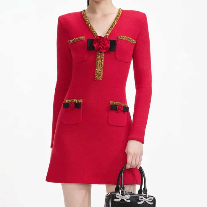 Self Portrait Dresses Women Red Textured Knit Corsage Mini Dress
