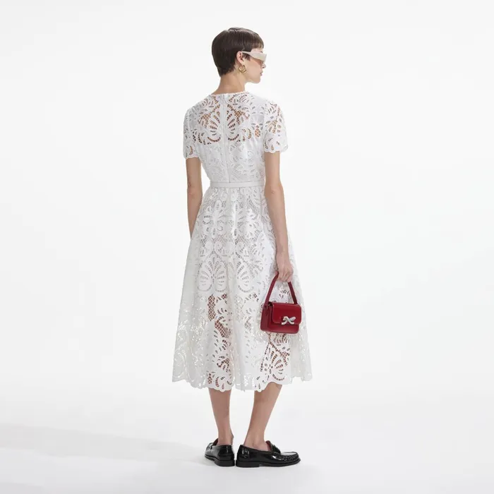 Self Portrait Dresses Women White Cotton Lace Button Midi Dress