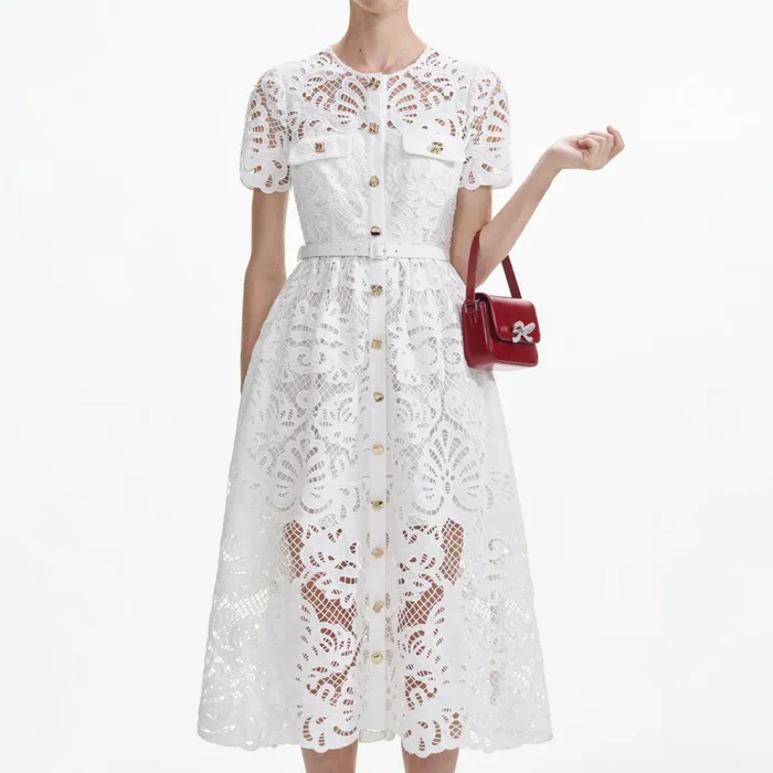 Self Portrait Dresses Women White Cotton Lace Button Midi Dress