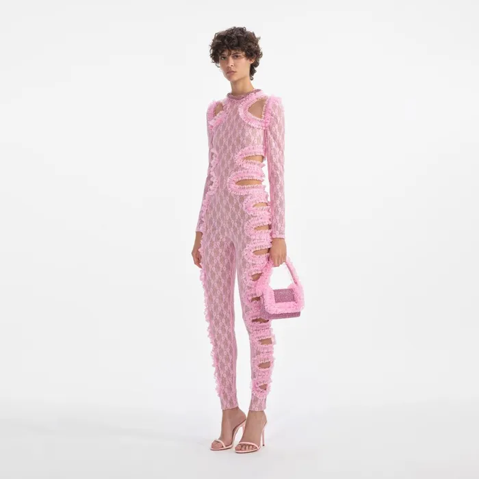 Self Portrait Jumpsuits Women Pink Lace Cut Out Jumpsuit
