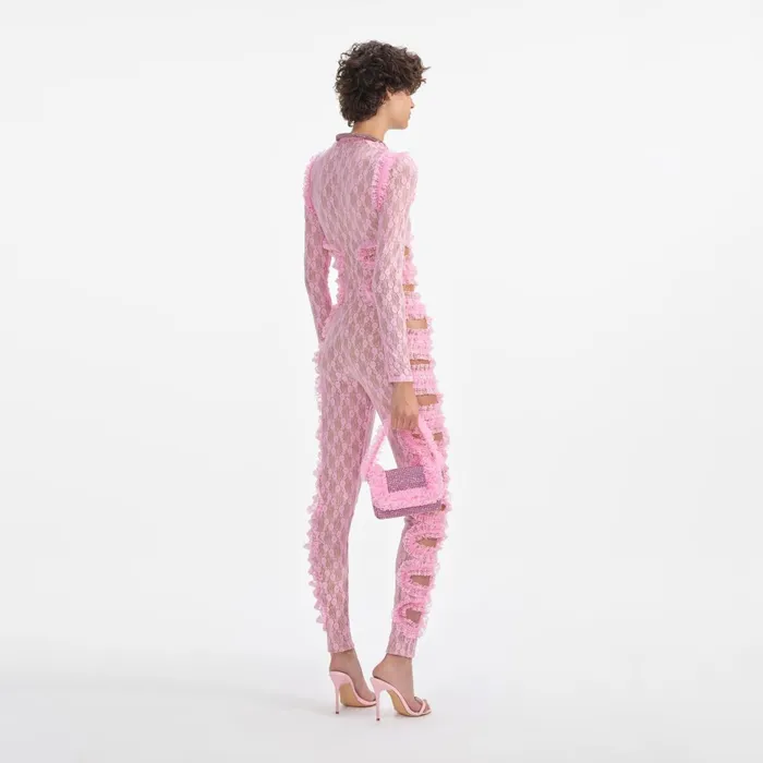 Self Portrait Jumpsuits Women Pink Lace Cut Out Jumpsuit