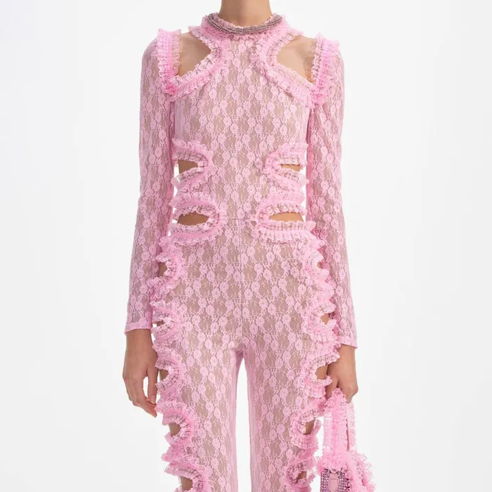 Self Portrait Jumpsuits Women Pink Lace Cut Out Jumpsuit