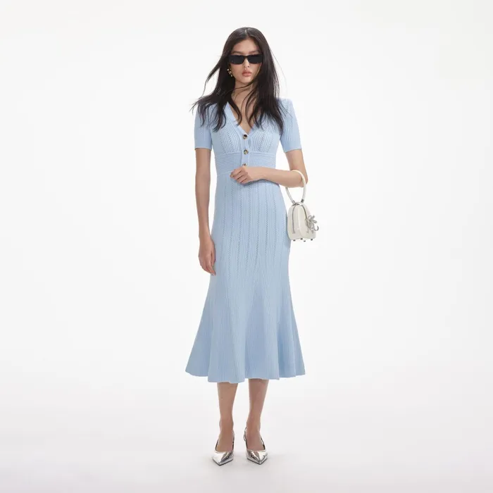 Self Portrait Knitwear Women Blue Pointelle Knit Midi Dress Blue