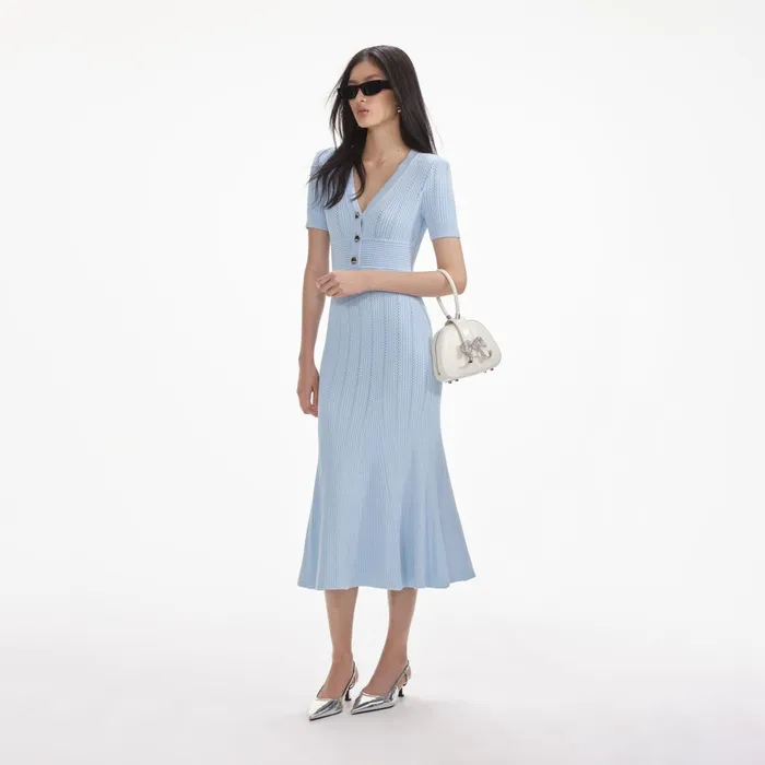 Self Portrait Knitwear Women Blue Pointelle Knit Midi Dress Blue
