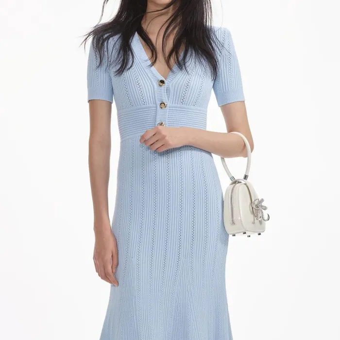 Self Portrait Knitwear Women Blue Pointelle Knit Midi Dress Blue