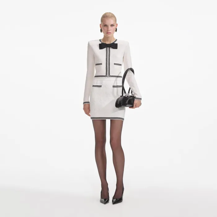 Self Portrait Knitwear Women Cream Bow Jacquard Cardigan