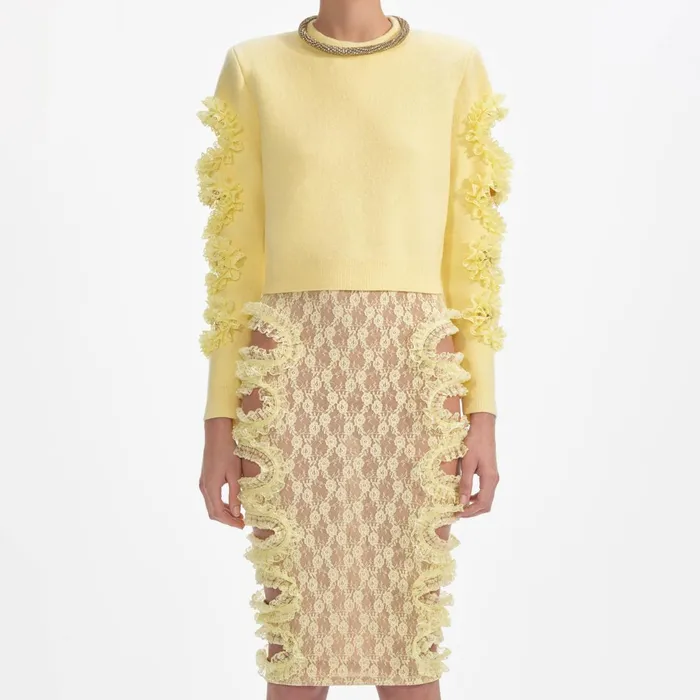 Self Portrait Knitwear Women Yellow Cut Out Lace Detail Jumper Yellow