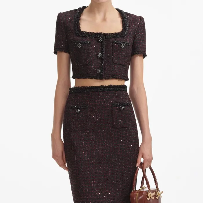 Self Portrait Tops Women Black Metallic Boucle Top
