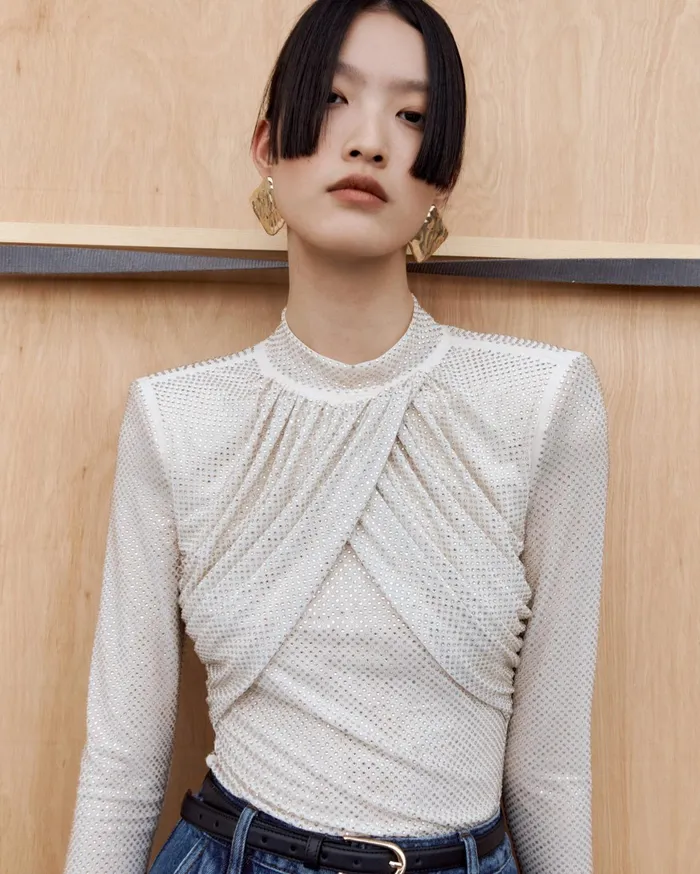 Self Portrait Tops Women Champagne Rhinestone Mesh Top Cream