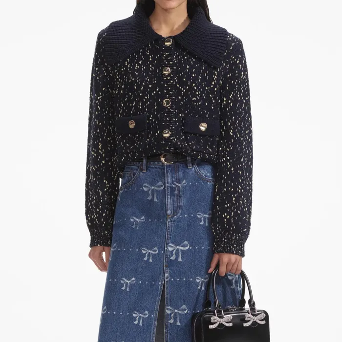 Self Portrait Tops Women Navy Metallic Merino Cardigan