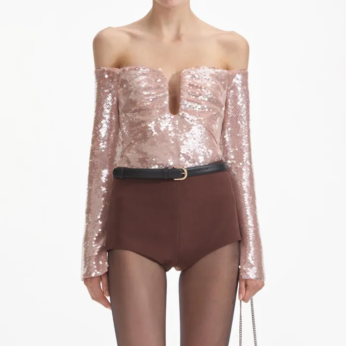 Self Portrait Tops Women Sequin Off Shoulder Top