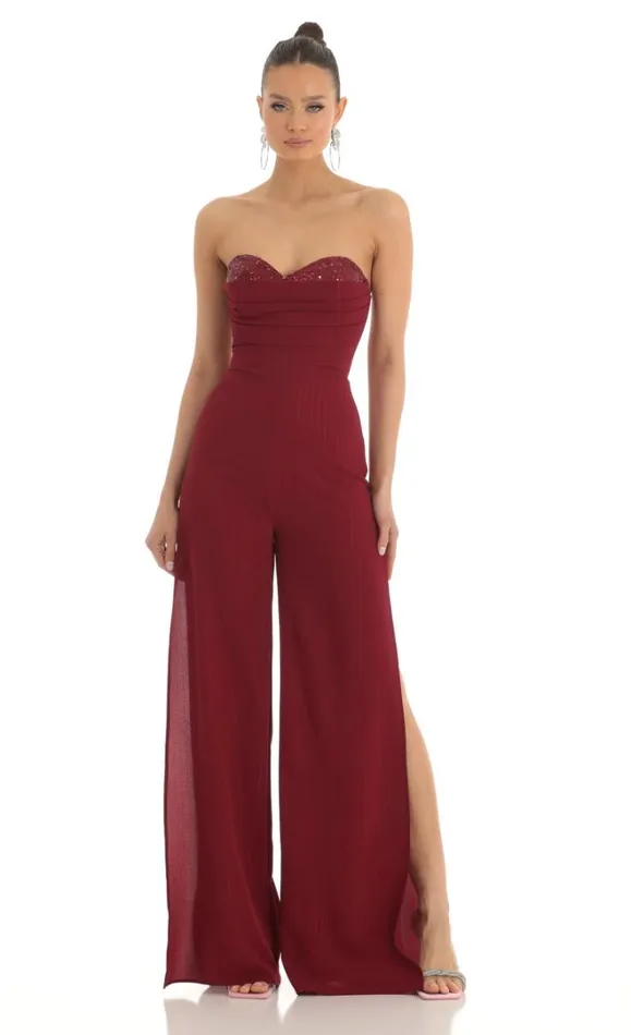 Sequin Bust Crepe Jumpsuit Red Women LUCY IN THE SKY Jumpsuits