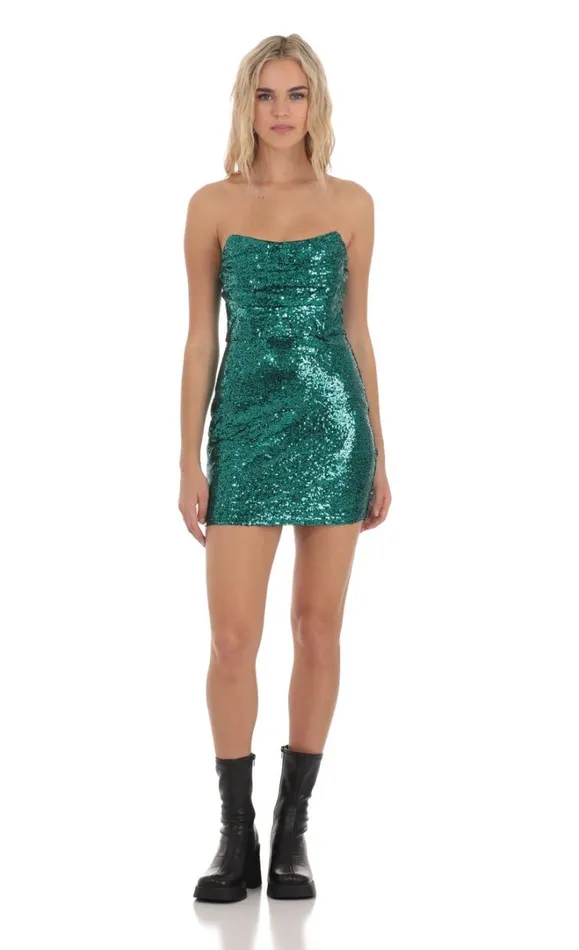 Sequin Corset Strapless Dress Green Women LUCY IN THE SKY Mini Dresses