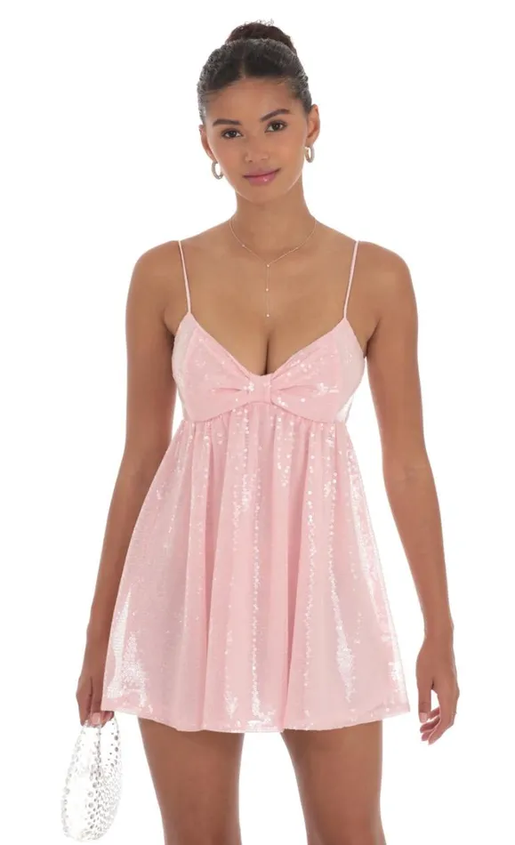 Sequin Front Bow Babydoll Dress Pink Women LUCY IN THE SKY Mini Dresses