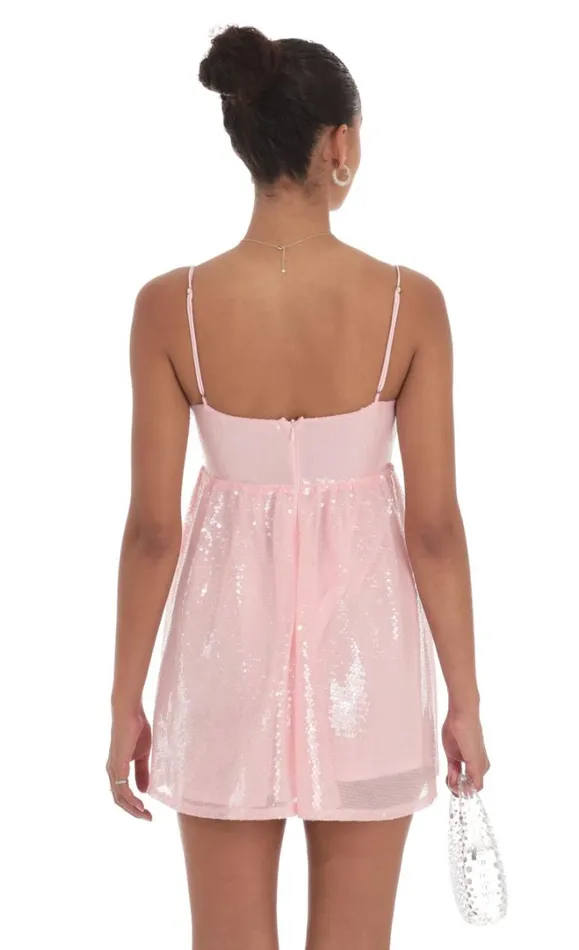 Sequin Front Bow Babydoll Dress Pink Women LUCY IN THE SKY Mini Dresses