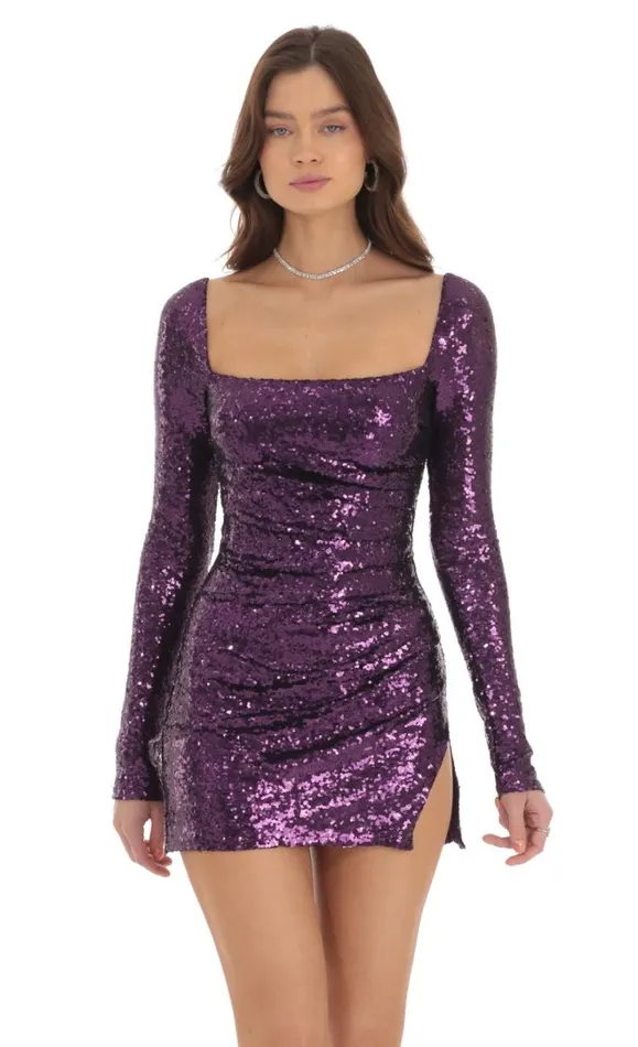 Sequin Long Sleeve Bodycon Dress Purple Women LUCY IN THE SKY Mini Dresses
