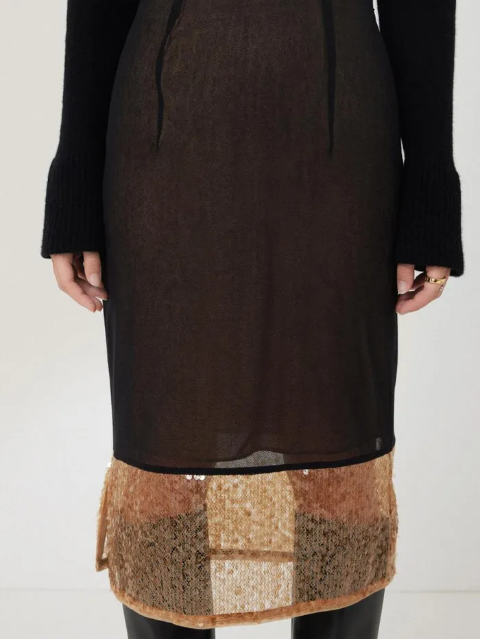 Sequin Mesh Skirt Black Women Jigsaw Skirts