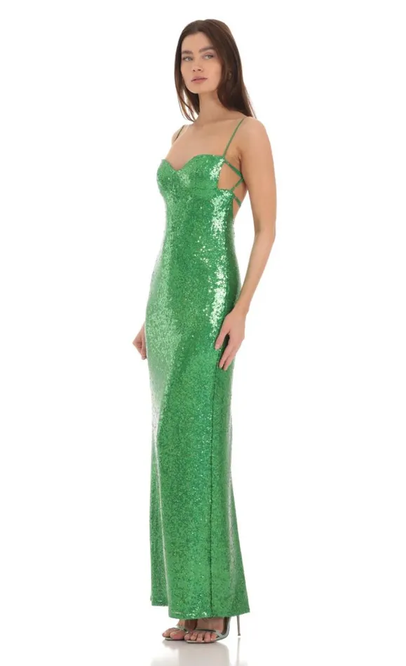 Sequin Open Back Maxi Dress Green Women LUCY IN THE SKY Maxi Dresses