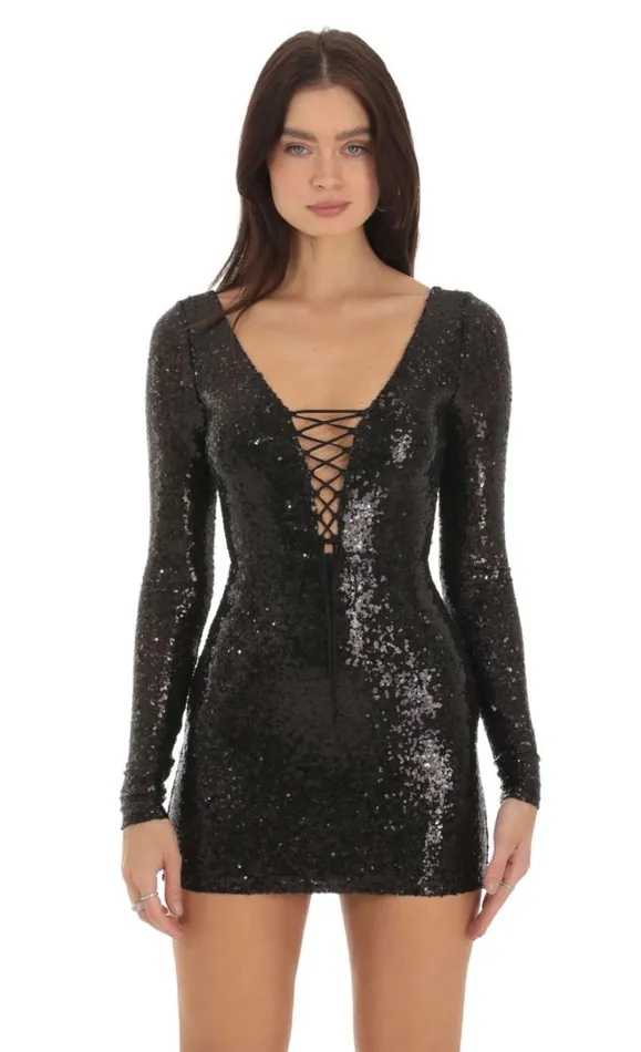 Sequin Plunge Neck Dress Black Women LUCY IN THE SKY Mini Dresses