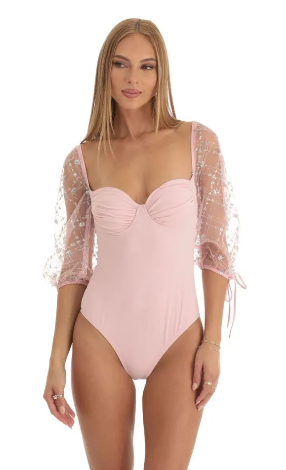 Sequin Puff Sleeve Bodysuit Pink Women LUCY IN THE SKY Bodysuits