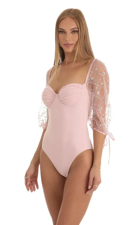 Sequin Puff Sleeve Bodysuit Pink Women LUCY IN THE SKY Bodysuits Sequin Puff Sleeve Bodysuit Pink Women LUCY IN THE SKY Bodysuits