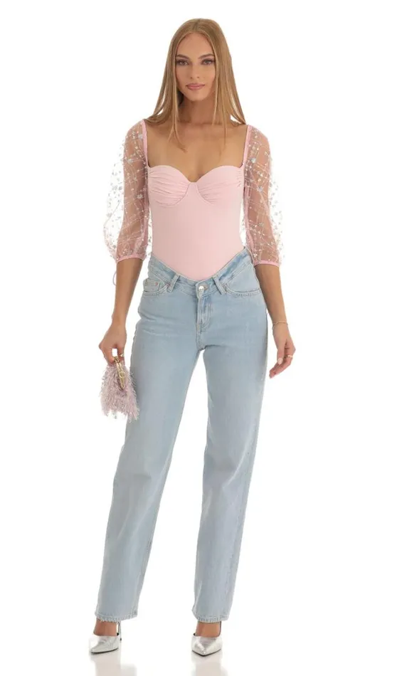 Sequin Puff Sleeve Bodysuit Pink Women LUCY IN THE SKY Bodysuits Sequin Puff Sleeve Bodysuit Pink Women LUCY IN THE SKY Bodysuits