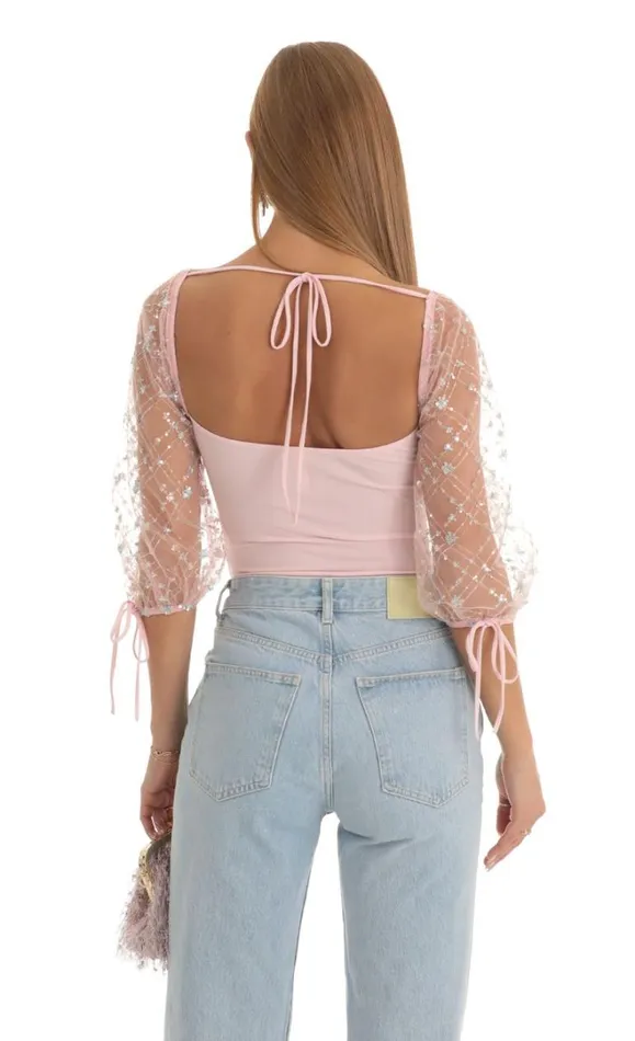 Sequin Puff Sleeve Bodysuit Pink Women LUCY IN THE SKY Bodysuits Sequin Puff Sleeve Bodysuit Pink Women LUCY IN THE SKY Bodysuits
