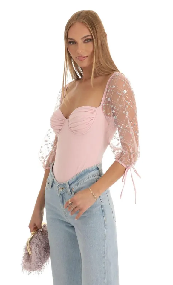 Sequin Puff Sleeve Bodysuit Pink Women LUCY IN THE SKY Bodysuits Sequin Puff Sleeve Bodysuit Pink Women LUCY IN THE SKY Bodysuits