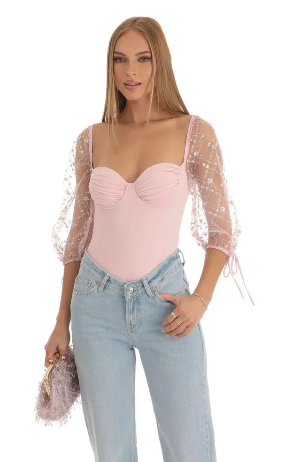 Sequin Puff Sleeve Bodysuit Pink Women LUCY IN THE SKY Bodysuits Sequin Puff Sleeve Bodysuit Pink Women LUCY IN THE SKY Bodysuits