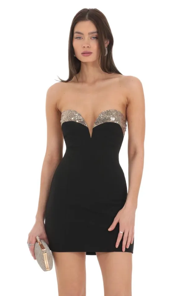 Sequin Strapless Sweetheart Neck Dress Black Women LUCY IN THE SKY Mini Dresses