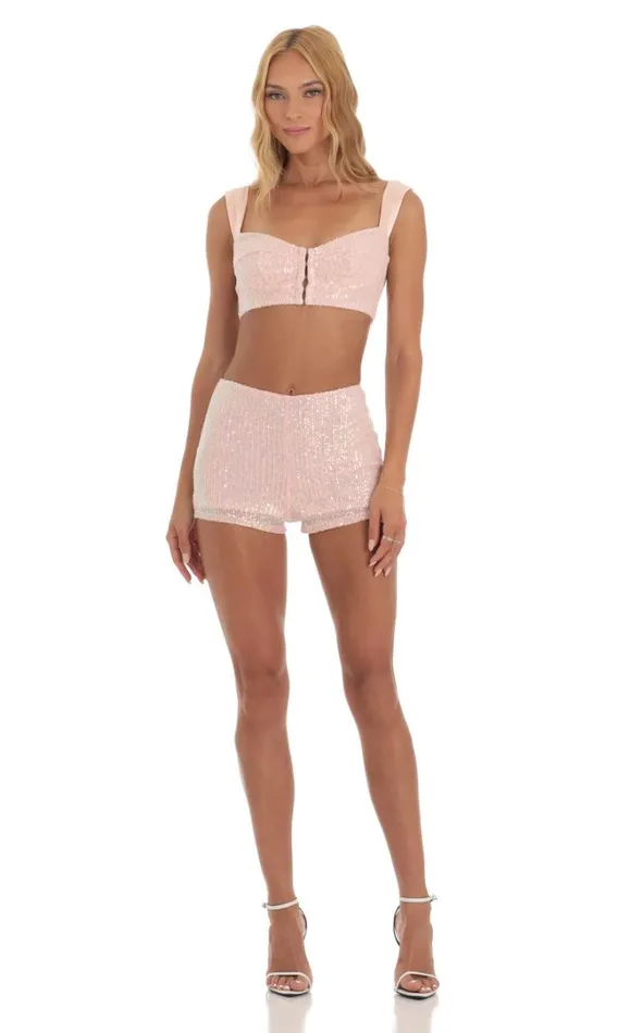 Sequin Two Piece Set Pink Women LUCY IN THE SKY Shorts