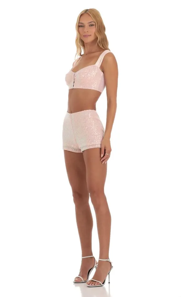 Sequin Two Piece Set Pink Women LUCY IN THE SKY Shorts Sequin Two Piece Set Pink Women LUCY IN THE SKY Shorts