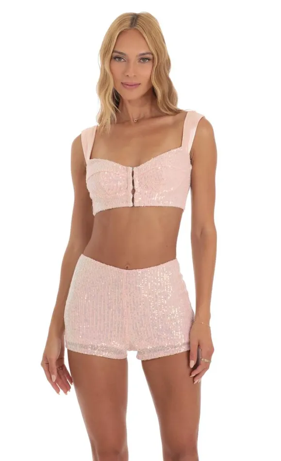 Sequin Two Piece Set Pink Women LUCY IN THE SKY Shorts Sequin Two Piece Set Pink Women LUCY IN THE SKY Shorts