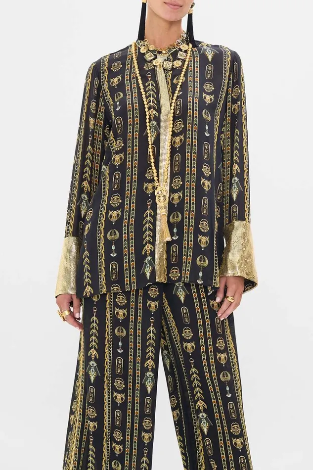 SHIRT WITH GILDED MESH PLACKET AND CUFFS THEY CALLED HER NEFERTARI They Called Her Nefertari Womens Camilla Long Sleeve Tops