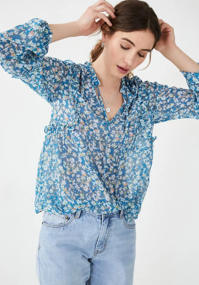 Shirts and Blouses Women Hush Alora Frilled Blouse Watercolour Floral Blue