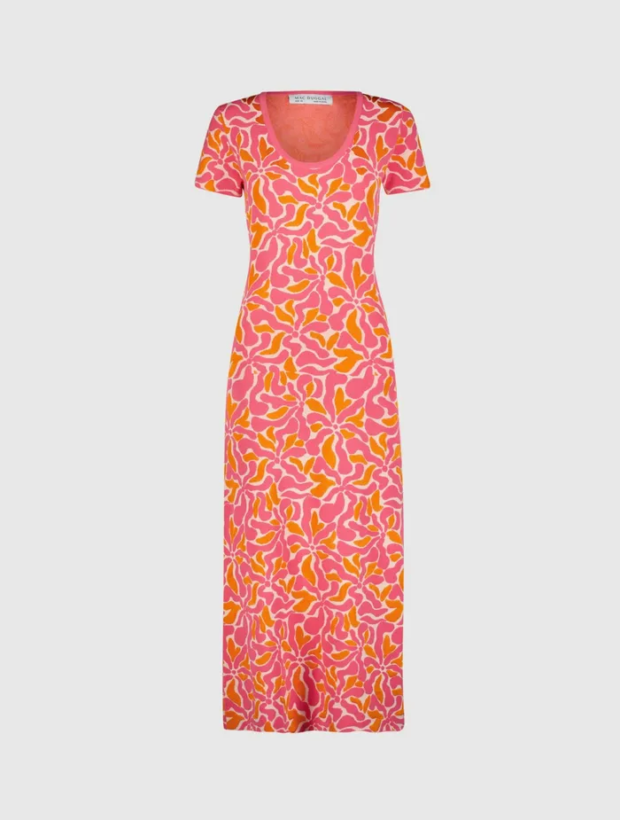 Short Sleeve Scoop Neck Floral Knit Maxi Dress 8211 FINAL SALE Hot Pink Multi Women Knitwear Mac Duggal