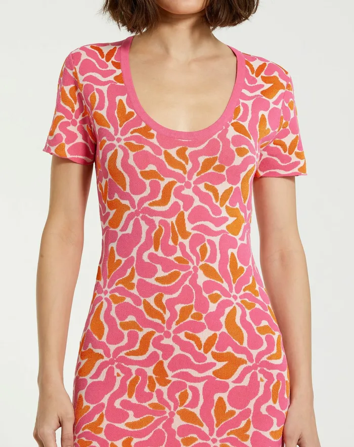 Short Sleeve Scoop Neck Floral Knit Maxi Dress 8211 FINAL SALE Hot Pink Multi Women Knitwear Mac Duggal