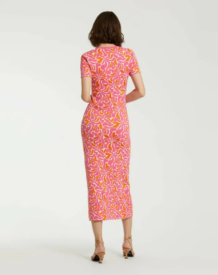 Short Sleeve Scoop Neck Floral Knit Maxi Dress 8211 FINAL SALE Hot Pink Multi Women Knitwear Mac Duggal
