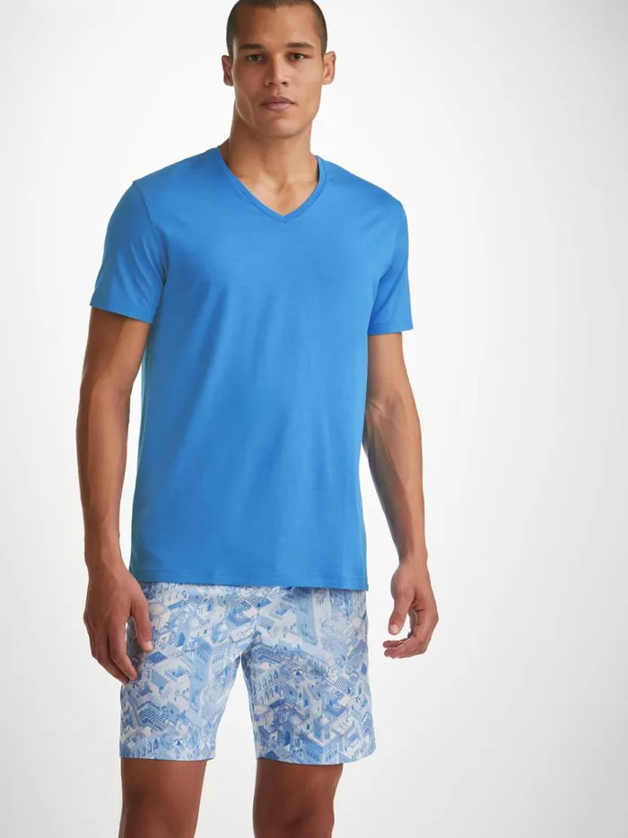 Short Sleeve TShirts Men Derek Rose VNeck TShirt Basel Micro Modal Stretch Azure Blue
