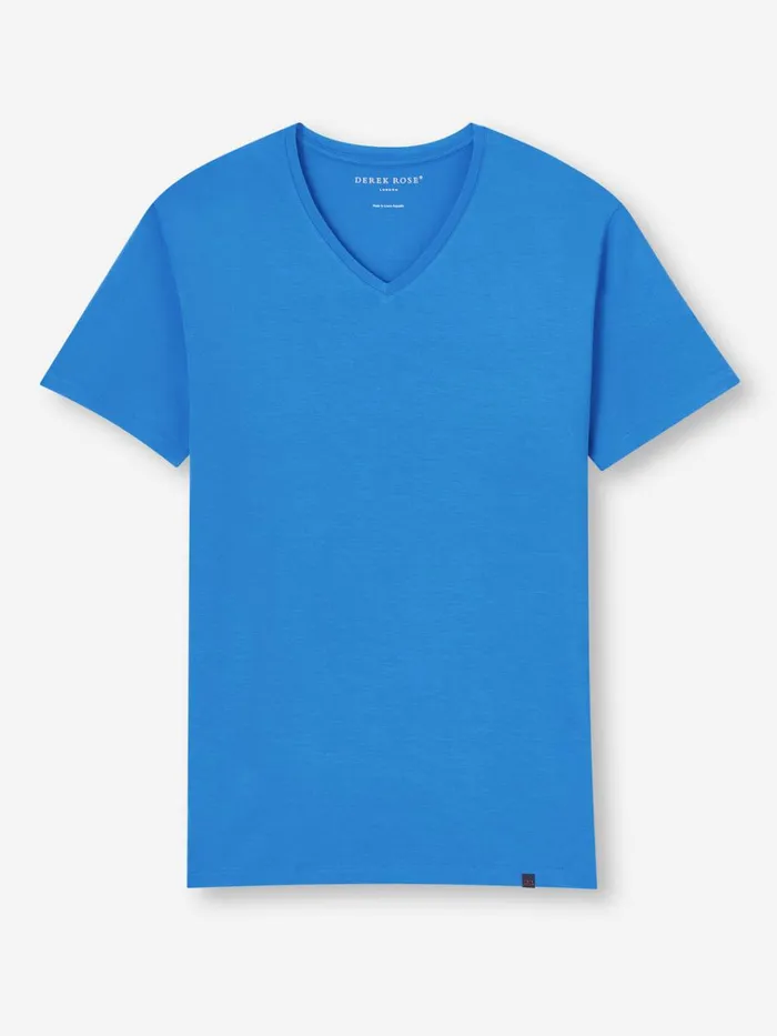 Short Sleeve TShirts Men Derek Rose VNeck TShirt Basel Micro Modal Stretch Azure Blue