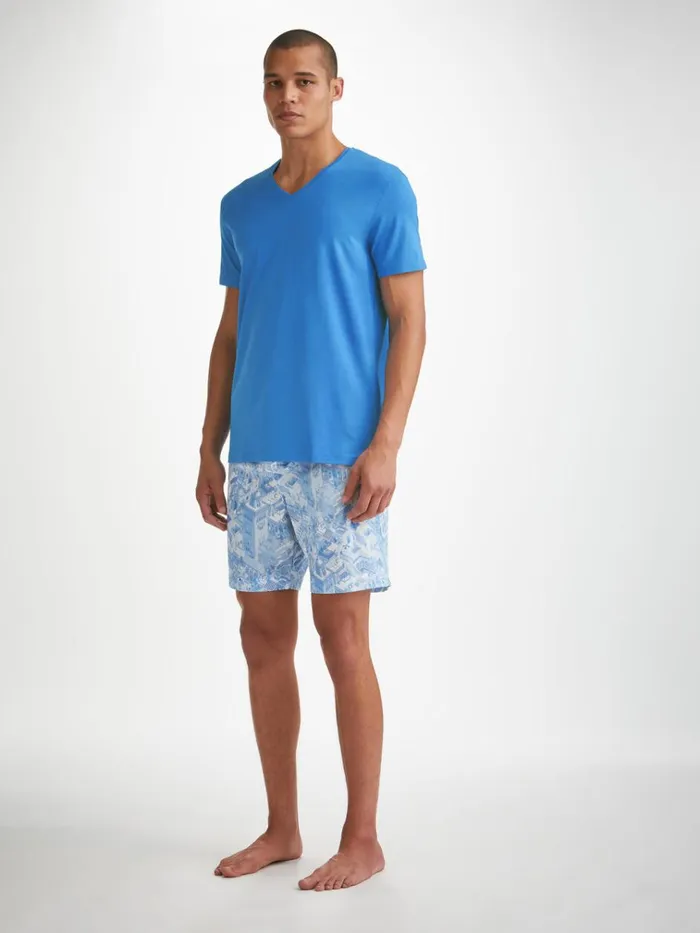 Short Sleeve TShirts Men Derek Rose VNeck TShirt Basel Micro Modal Stretch Azure Blue