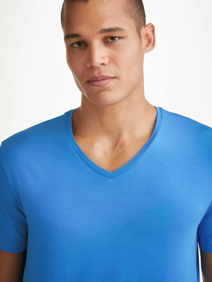 Short Sleeve TShirts Men Derek Rose VNeck TShirt Basel Micro Modal Stretch Azure Blue
